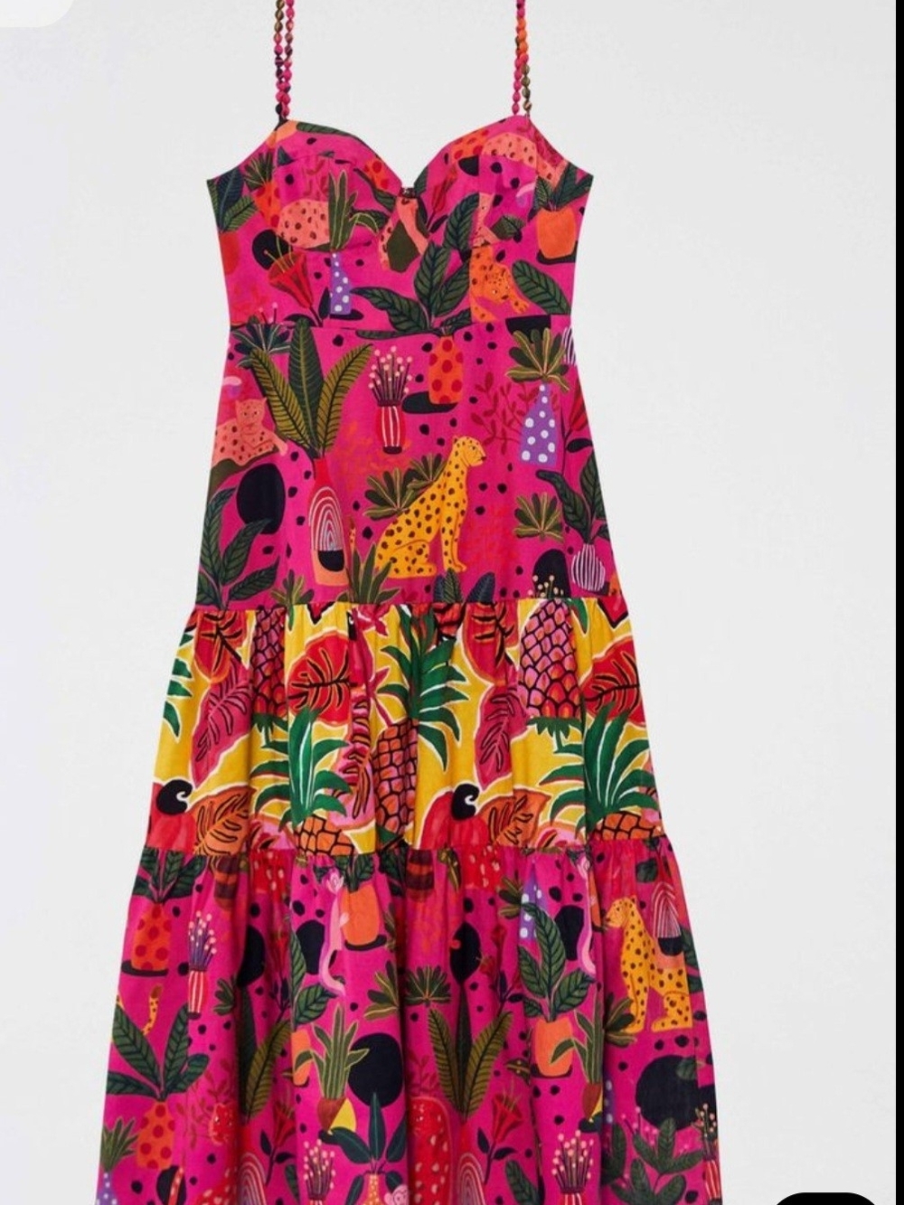 FARM Rio Hot Pink Tropical Tiered Maxi Dress with Yellow Accents